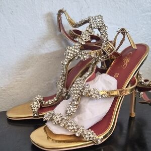 Gold Crystal T-Strap High Heel Sandals - Women